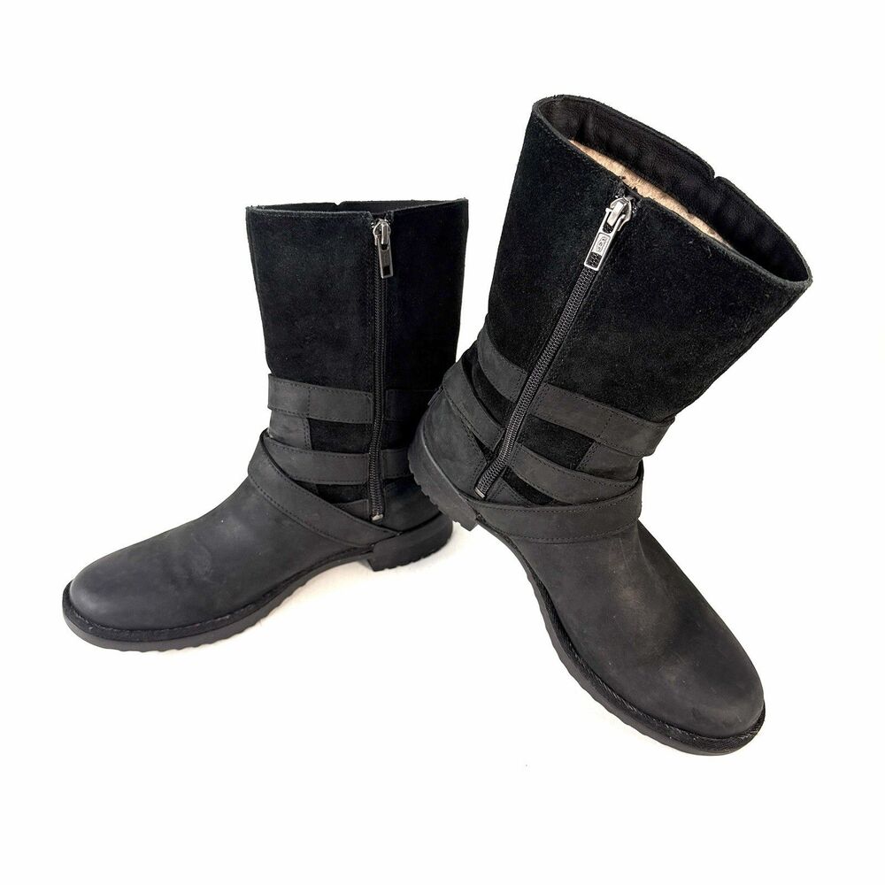 UGG Lorna Black Nubuck Leather Zip Mid Calf Boots Size 7.5 Style 1095155